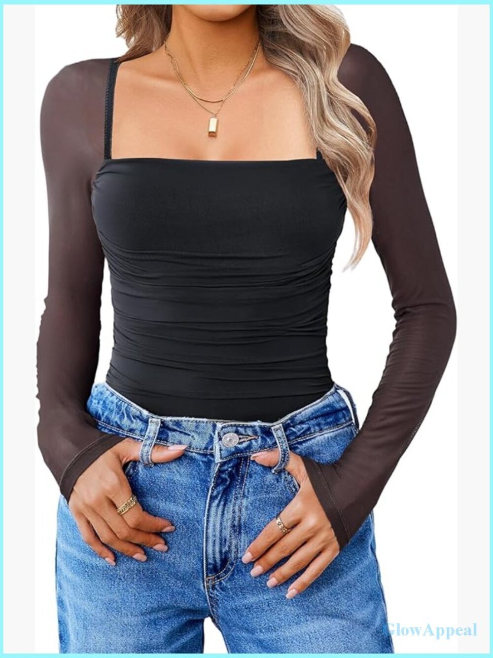 Square Neck Mesh Long Sleeve Bodysuit Ruched Sheer Top Date Night Body Suit